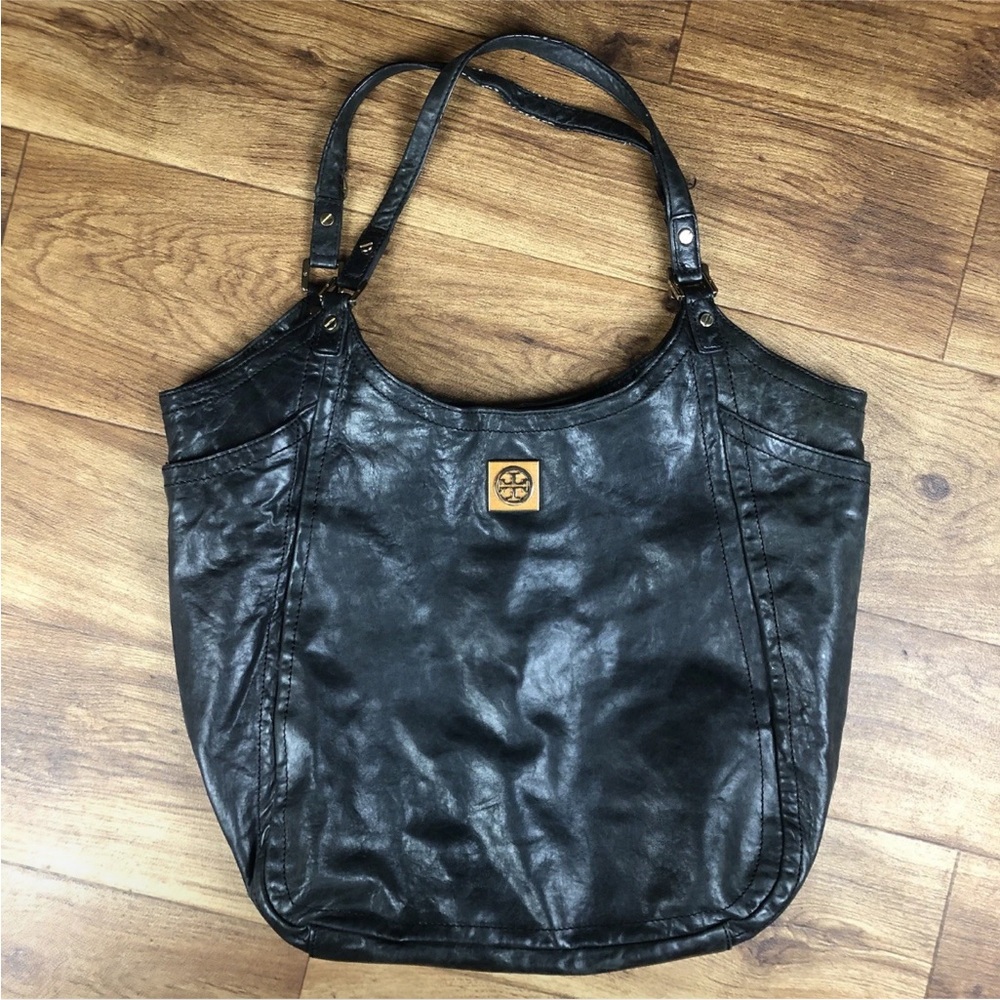 Tory Burch Black Calfskin Leather Louisa Hobo Bag Slouchy Purse *READ
